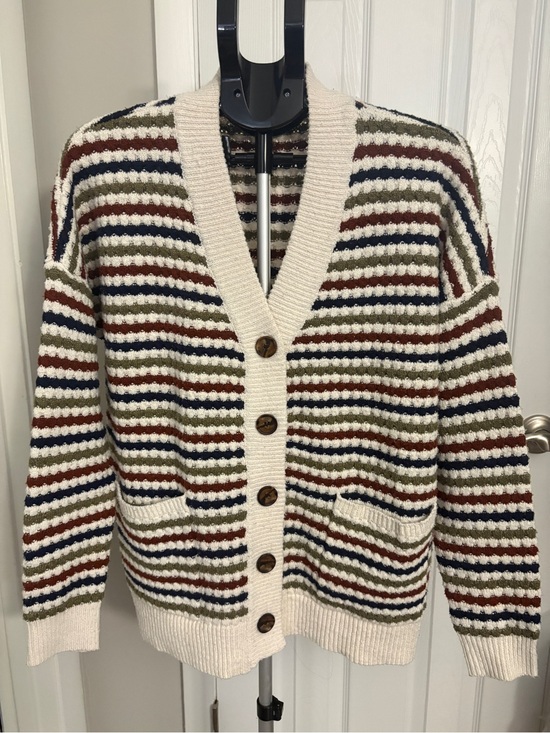 Pink Clover Sweaters - Pink Clover Cream Striped Button-Front Cardigan with Navy, Olive & Rust